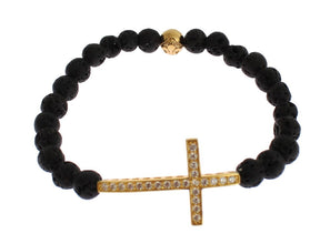 Lava Stone Gold Clear CZ Cross 925 Silver Bracelet Nialaya