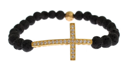 Lava Stone Gold Clear CZ Cross 925 Silver Bracelet Nialaya