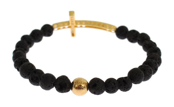 Lava Stone Gold Clear CZ Cross 925 Silver Bracelet Nialaya