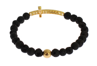 Lava Stone Gold Clear CZ Cross 925 Silver Bracelet Nialaya