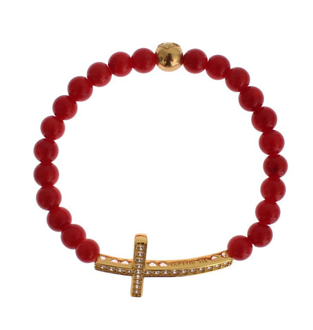 Red Coral Gold CZ Cross 925 Silver Bracelet Nialaya