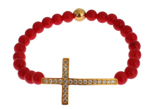 Red Coral Gold CZ Cross 925 Silver Bracelet Nialaya