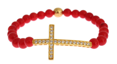 Red Coral Gold CZ Cross 925 Silver Bracelet Nialaya