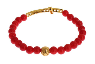 Red Coral Gold CZ Cross 925 Silver Bracelet Nialaya