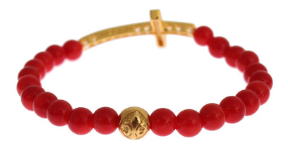 Red Coral Gold CZ Cross 925 Silver Bracelet Nialaya