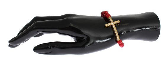 Red Coral Gold CZ Cross 925 Silver Bracelet Nialaya