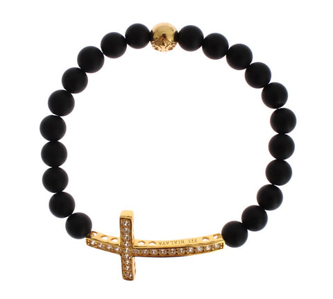 Matte Onyx Stone Gold CZ Cross 925 Silver Bracelet Nialaya