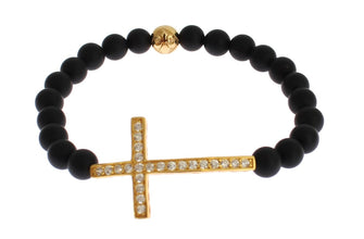 Matte Onyx Stone Gold CZ Cross 925 Silver Bracelet Nialaya