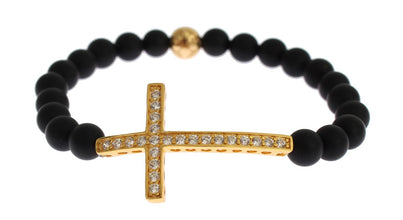 Matte Onyx Stone Gold CZ Cross 925 Silver Bracelet Nialaya