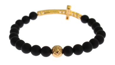 Matte Onyx Stone Gold CZ Cross 925 Silver Bracelet Nialaya