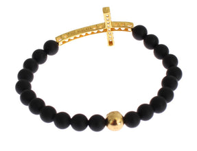 Matte Onyx Stone Gold CZ Cross 925 Silver Bracelet Nialaya