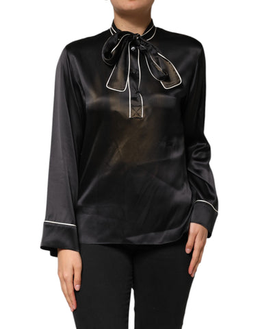 Dolce & Gabbana Black Silk Ascot Collared Button Blouse Top