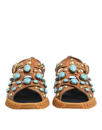 Dolce & Gabbana Brown Leather Studded Slides Sandals Shoes