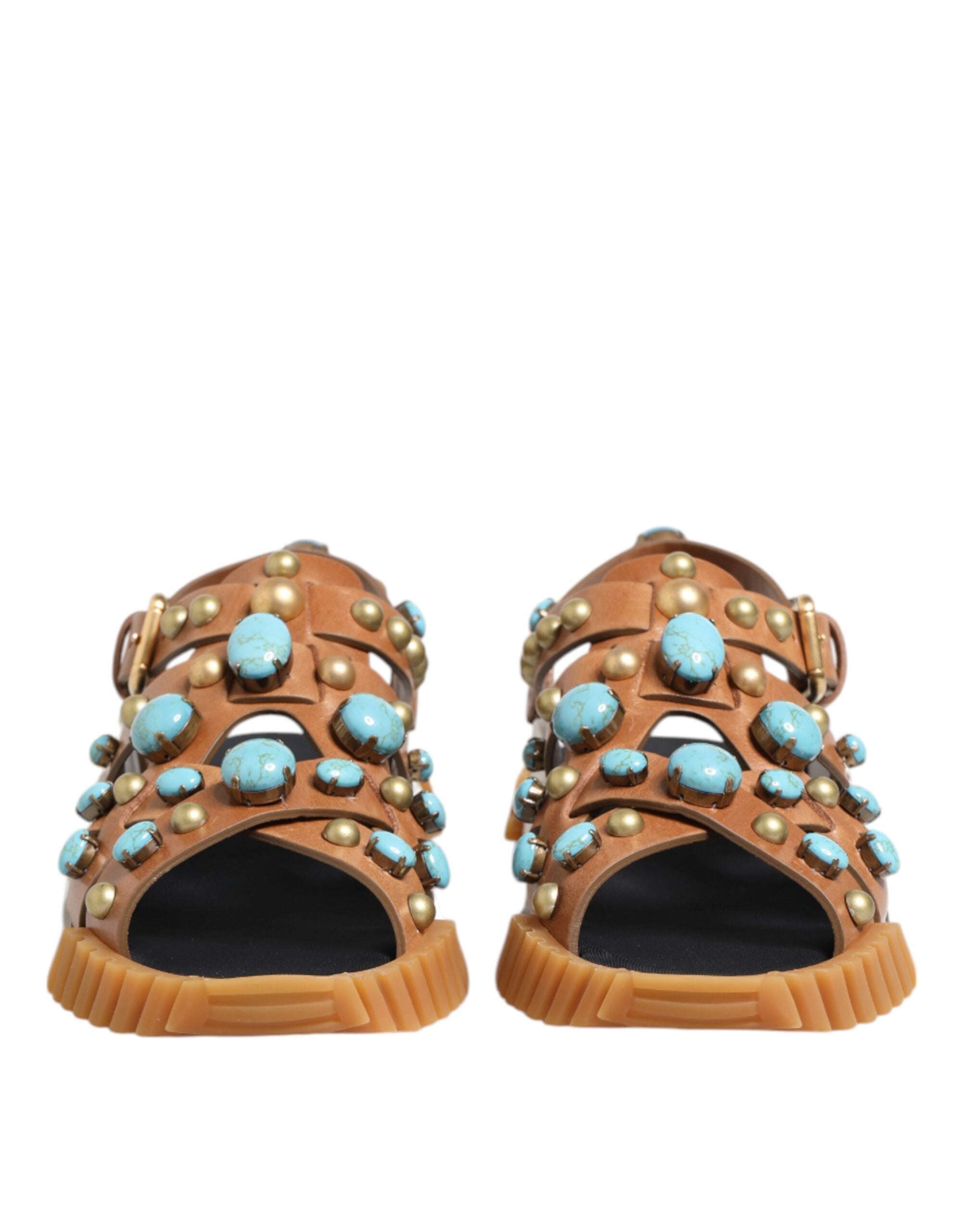 Dolce & Gabbana Brown Leather Studded Slides Sandals Shoes