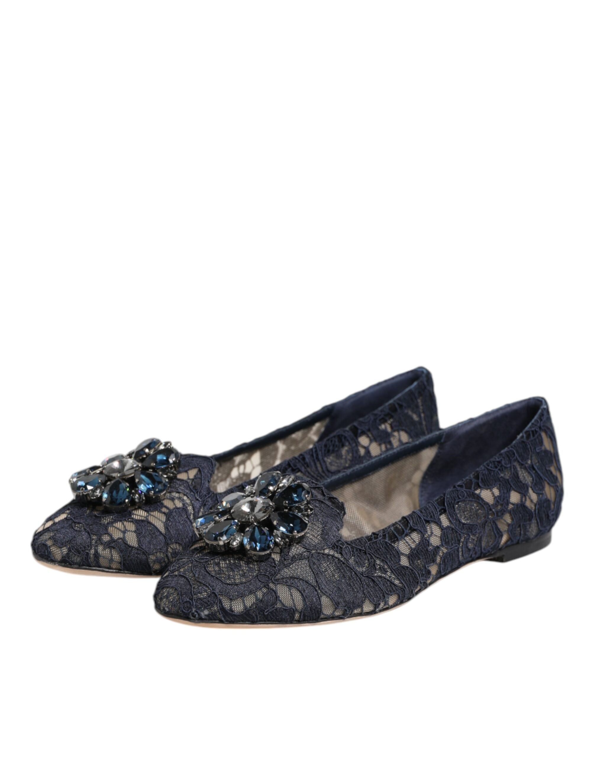 Dolce & Gabbana Blue Taormina Lace Crystals Flats Shoes