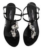 Dolce & Gabbana Black Leather Crystal Ankle Strap Sandals Shoes