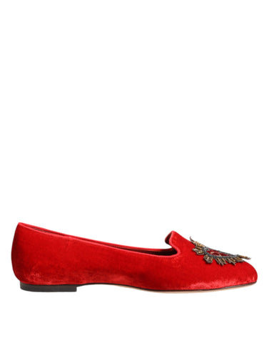 Dolce & Gabbana Red Velvet DG Heart Loafers Flat Shoes