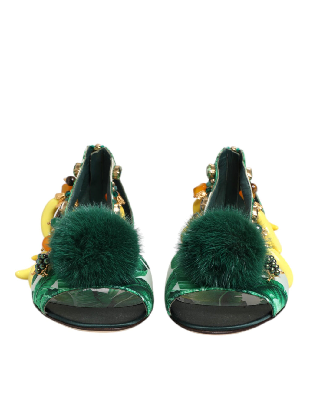 Dolce & Gabbana Green Mink Fur Satin Banana Leaf Sandals Shoes