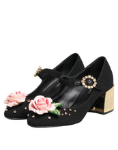 Dolce & Gabbana Black Flower Crystal Embellished Mary Jane Shoes