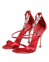 Dolce & Gabbana Red Satin Crystals Keira Sandals Heel Shoes