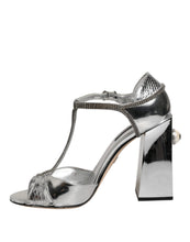 Dolce & Gabbana Silver Leather T-strap Heels Sandals Shoes