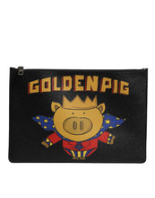 Dolce & Gabbana Black Leather Golden Pig Print Men Clutch Pouch Borse Bag