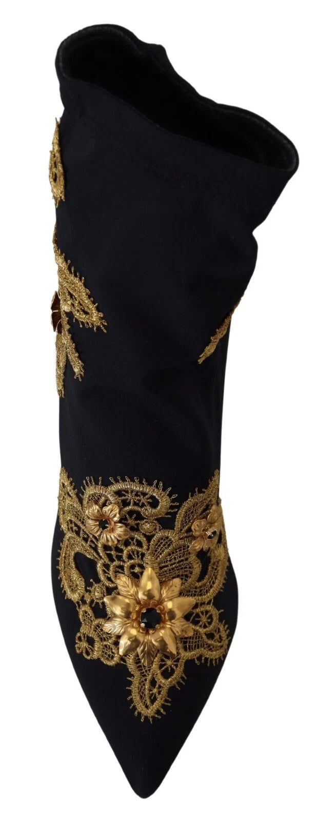 Dolce & Gabbana Black Gold Embroidery Crystal Boots Shoes