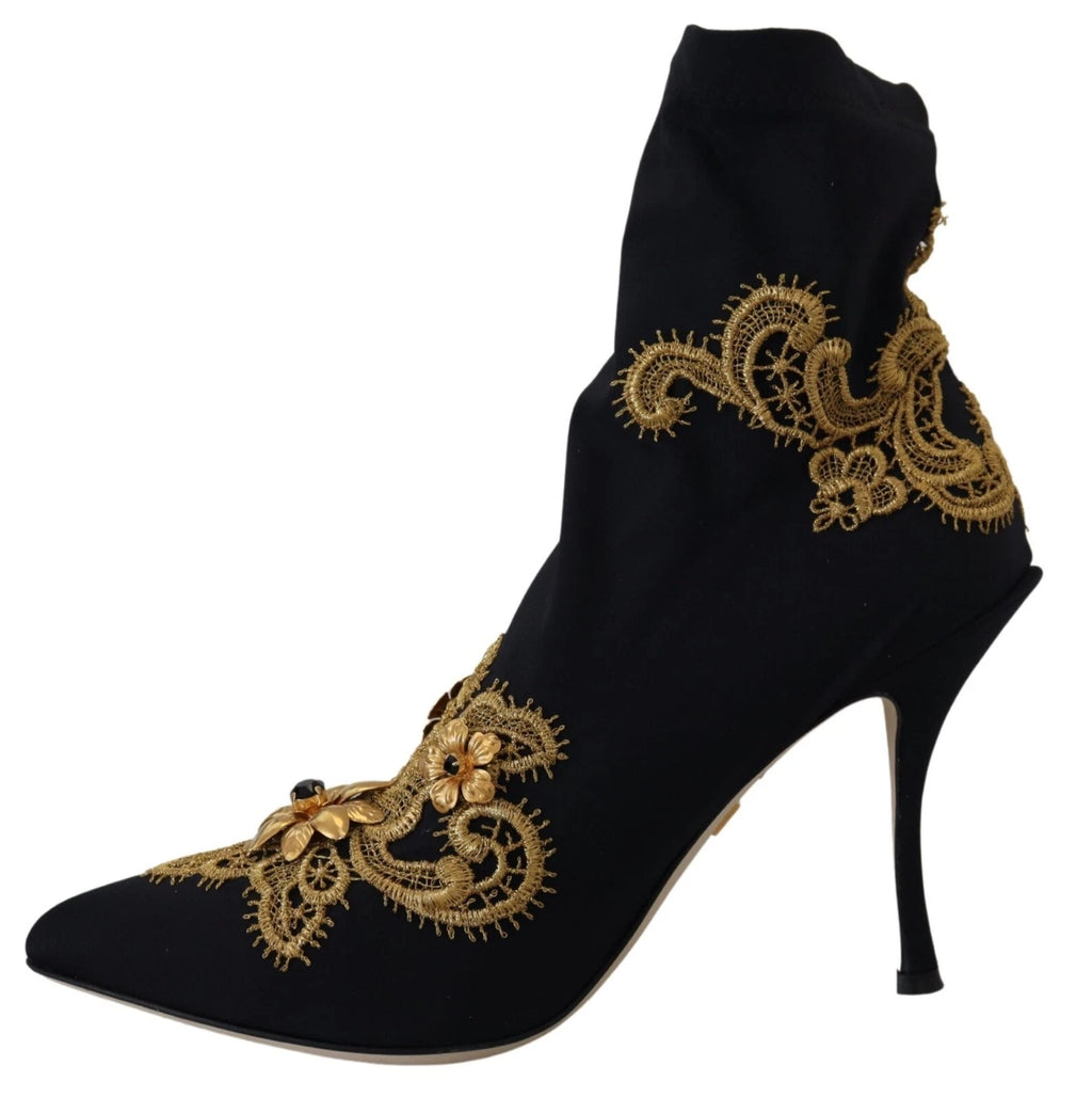 Dolce & Gabbana Black Gold Embroidery Crystal Boots Shoes