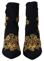Dolce & Gabbana Black Gold Embroidery Crystal Boots Shoes