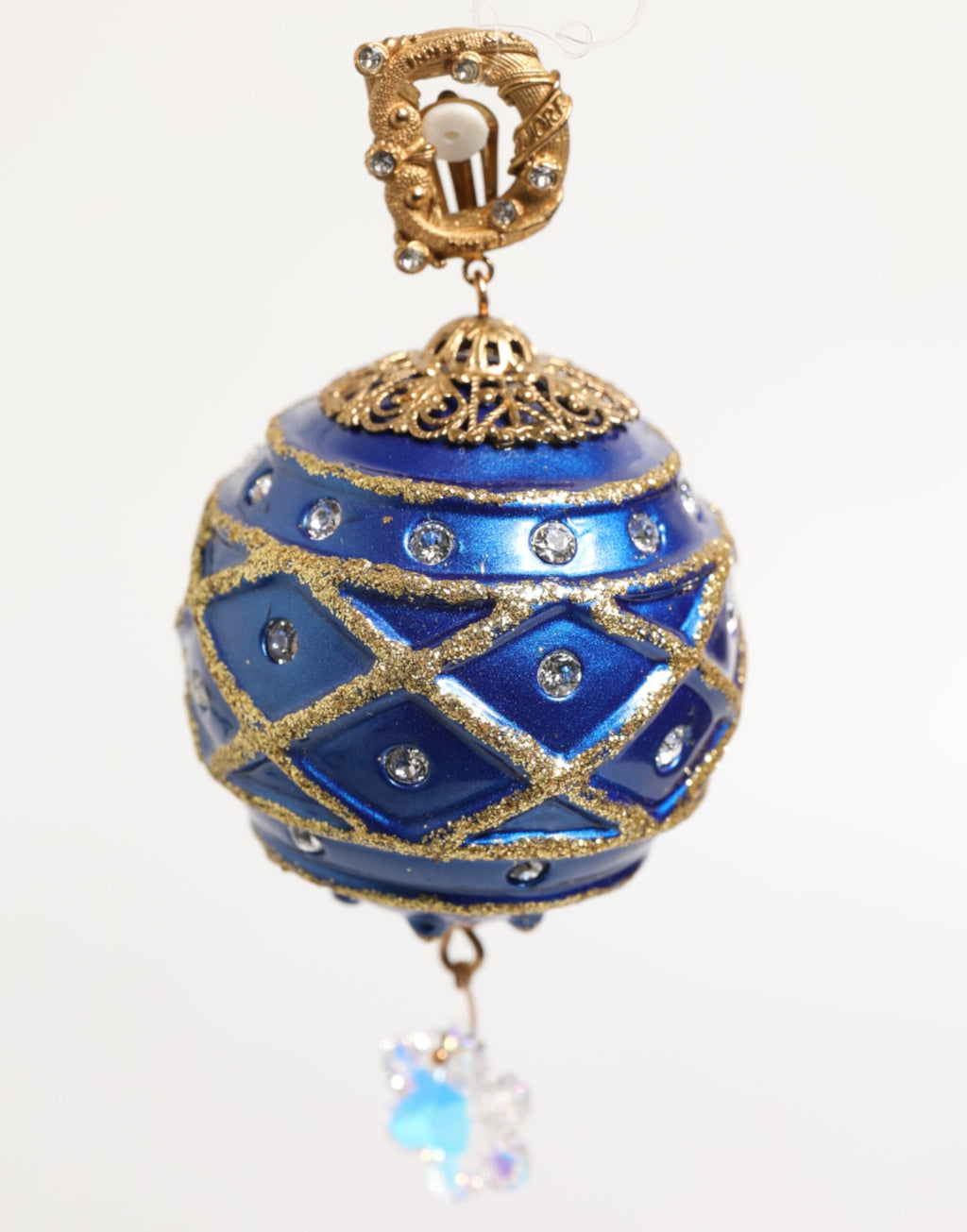 Dolce & Gabbana Gold Brass Blue Christmas Ball Crystal Drop Clip On Earrings