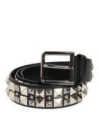 Dolce & Gabbana Black Calf Leather Studded Silver Buckle Belt