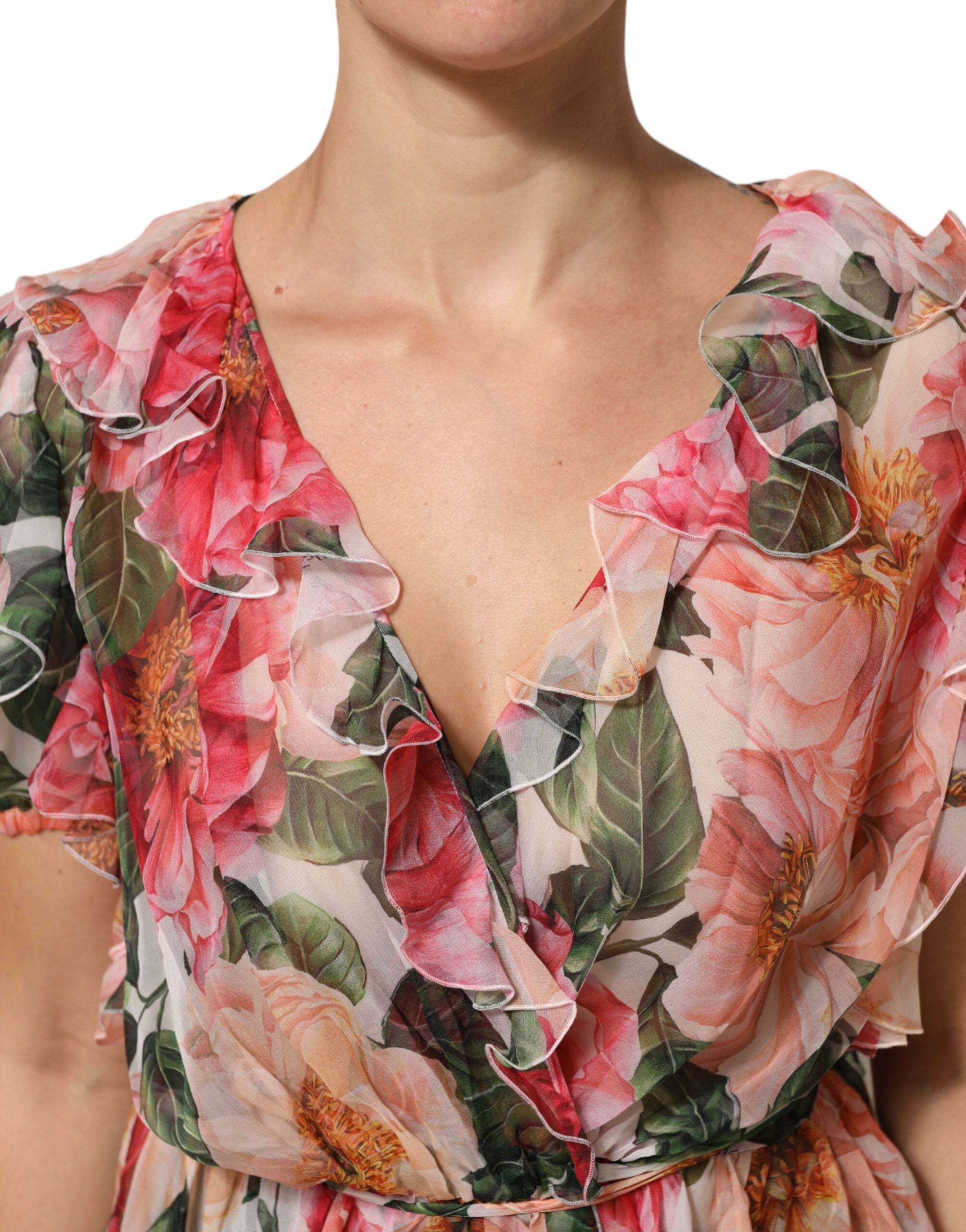 Dolce & Gabbana Pink Camellias Printed Silk V-neck Blouse Top