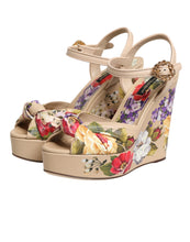 Dolce & Gabbana Beige Floral Ankle Strap Wedge Sandals Shoes