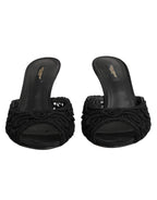 Dolce & Gabbana Black Embroidered Slip On Heels Slides Shoes