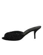 Dolce & Gabbana Black Embroidered Slip On Heels Slides Shoes