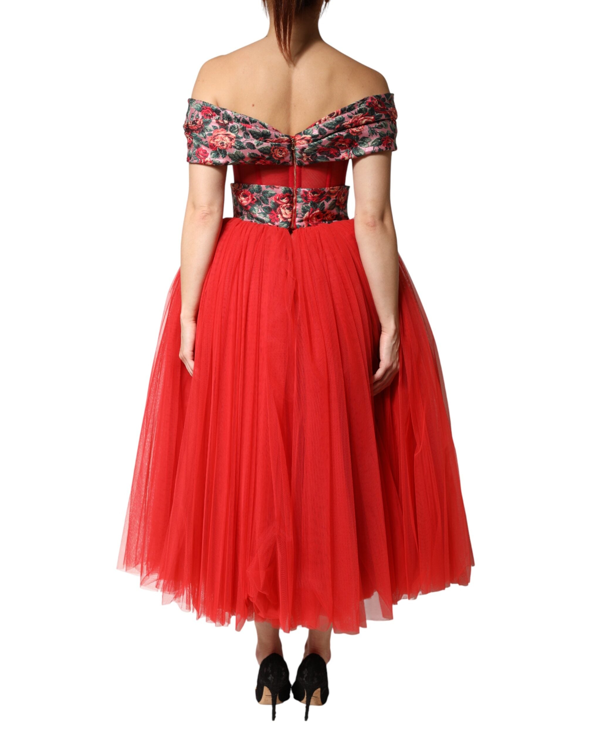 Dolce & Gabbana Red Floral Off Shoulder A-line Gown Dress