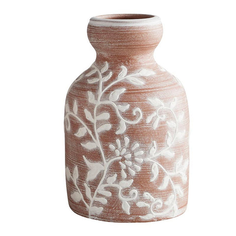 Floral Vase | Embossed Terracotta Short Vase | 9