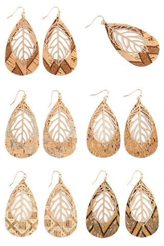 Cork Pattern Teardrop With Metal Leaf Filigree Earrings ( Variety