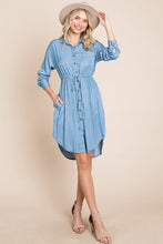 Button Down drawstring Tie waist Chambray Dress