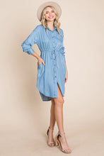 Button Down drawstring Tie waist Chambray Dress