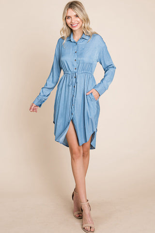 Button Down drawstring Tie waist Chambray Dress