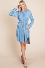 Button Down drawstring Tie waist Chambray Dress