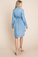 Button Down drawstring Tie waist Chambray Dress