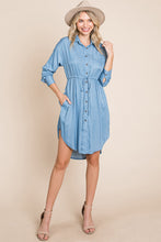 Button Down drawstring Tie waist Chambray Dress